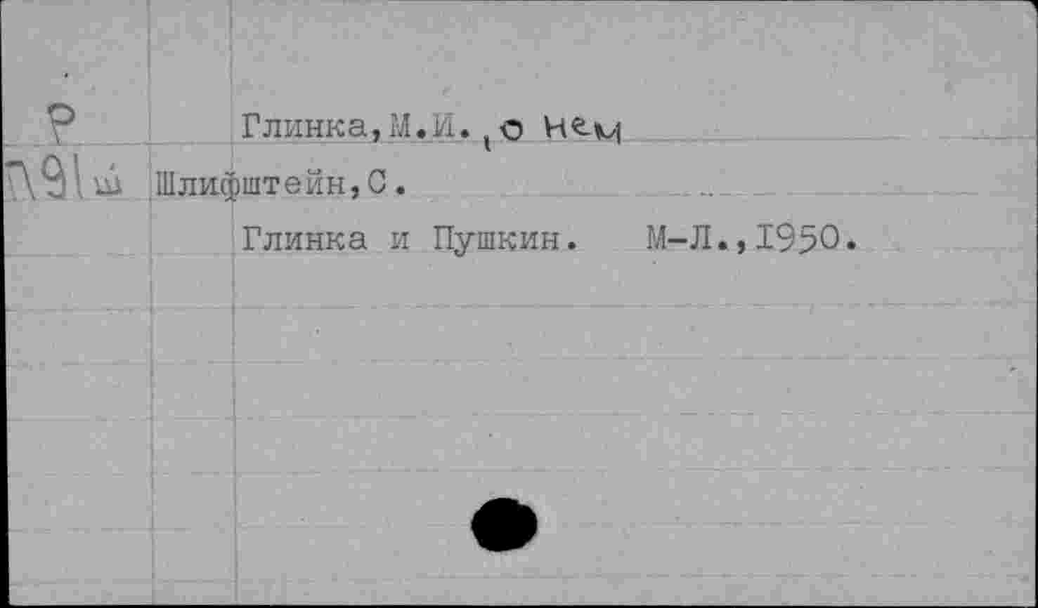 ﻿Глинка, М.И. (о Не.
Шлифштейн,С.
Глинка и Пушкин. М-Л.,1950.